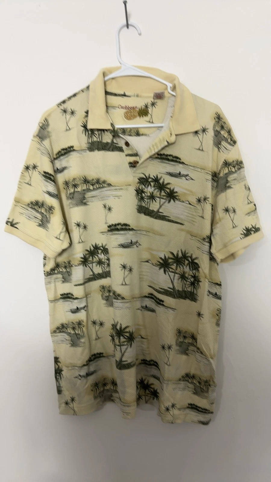 Caribbean Joe Men's XL Silk Blend Palm Tree Print Polo Shirt Button Up Tropical