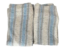 Pair Vtg 1960s Jc Penny  Pinch Pleat Open Weave Striped Drapes Curtains Blue MCM
