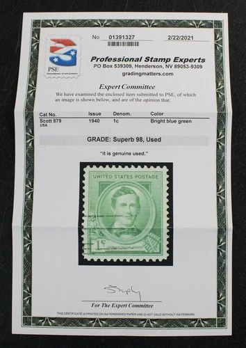 CKStamps: US Stamps Collection Scott#879 Used PSE Cert Grade 98