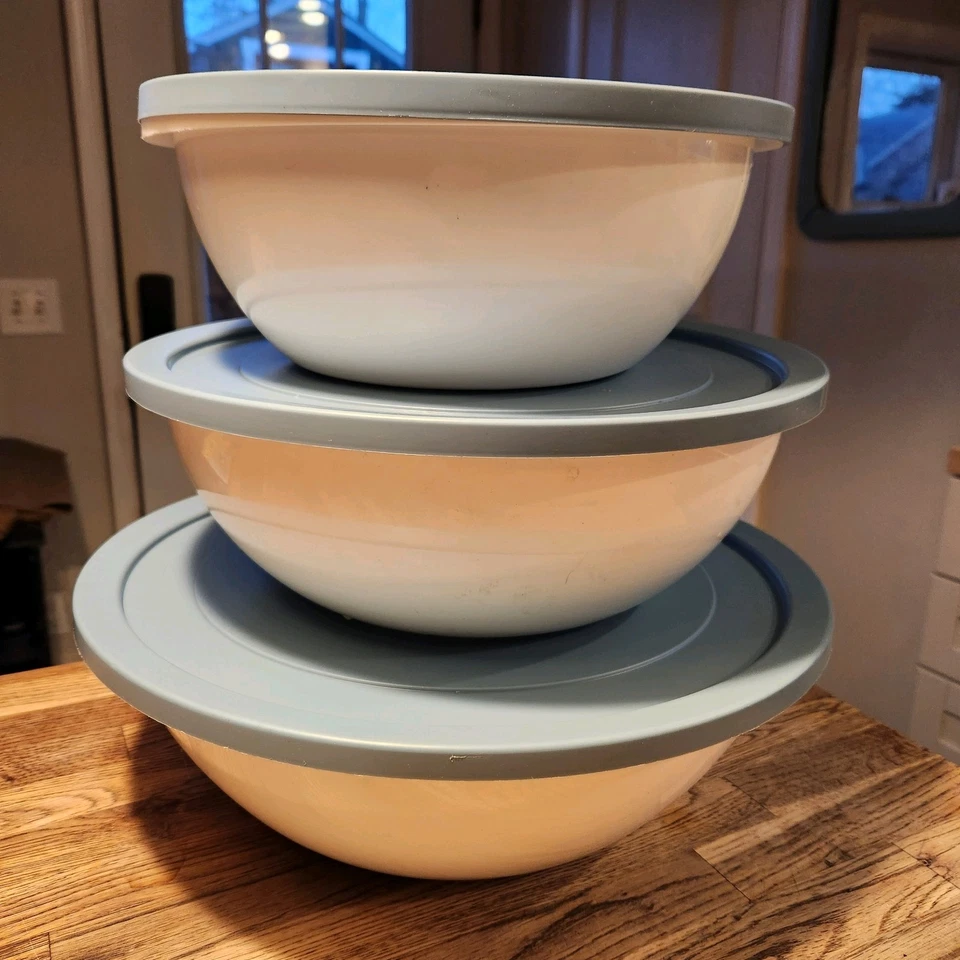 STERILITE 3 Bowls White w/ Blue Lids - XL Large Medium 3 Sizes Storage Serving - Image 2 of 4