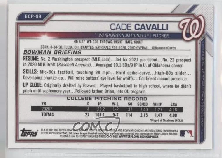 2021 Bowman Sapphire Edition Chrome Prospects Red Refractor /15 Cade Cavalli - Image 2 of 2