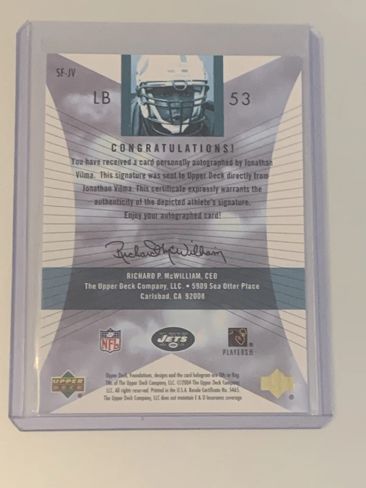 2004 Upper Deck Foundations #SF-JV Jonathan Vilma Signature Foundations Jets - Image 2 of 2