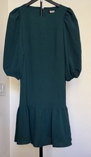 DKNY Green Shift Dress 2 Puff 3/4 Sleeve Ruffle Hem Above Knee Zip Solid Crinkle