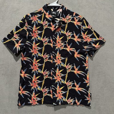 Stussy Camp Shirt Mens Small Black Orange Floral Print Loop Collar 100% Rayon