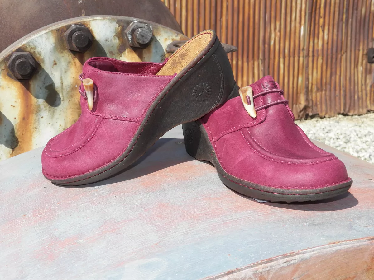 New Womens UGG Valle Burgundy Leather Clog Mule Slide Shoes Sz US 7 UK 5.5 EU 38