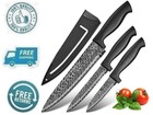 New Black Kitchen Knife 3pc Set with Cover Stainless Steel Damascus Chef Cutlery