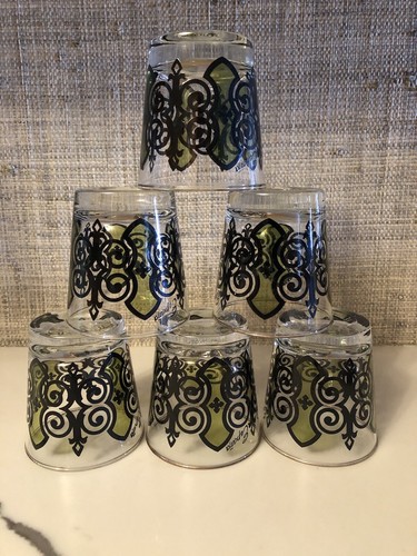 Vintage signierte ESPANA Anchor Hocking Brille grün schwarz Swanky Rocks Lowball Set 6 - Bild 1 von 3