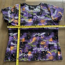 Women's Happy Halloween Scrub Top Sq Neck Purple Trick Treat Haunted House Sz M