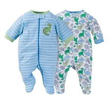 Gerber Boy 2-Pk Blue w/ Dinosaurs Zip Front Sleep N Plays Size 0-3M BABY CLOTHES
