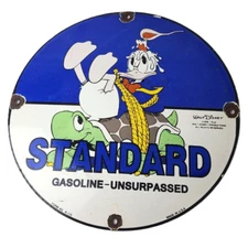 Vintage Standard Gasoline Sign - Gas Oil Pump Plate Walt Disney Porcelain Sign