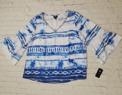 JM Collection Womens Tie Dye Embelish Orange Blue Tunic Blouse Plus Size 1X 2X