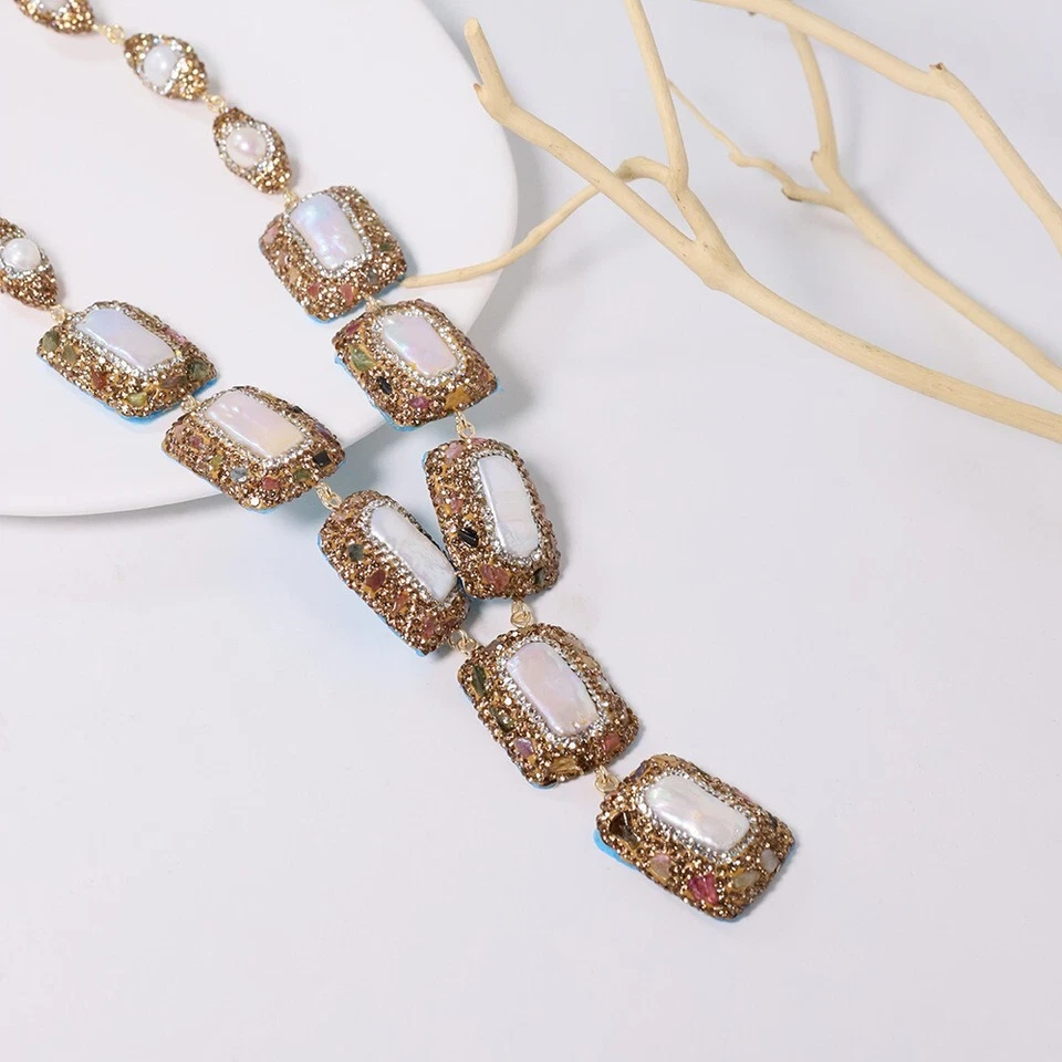 L17 vergoldete Halskette mit Barockperlen und Turmalin - Bild 4 von 4