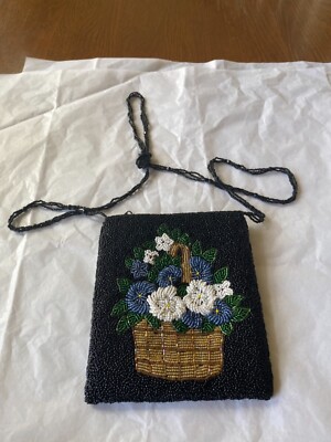 WOMENS VINTAGE ERMO BRAND GLASS BEADED FLORAL EVENING SHOULDER BAG