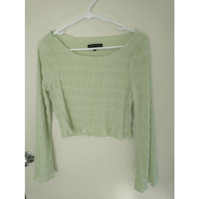 Kendal Kylie Shirred Bell Sleeve Top Small Green Gingham Plaid Crop Blouse NWOT