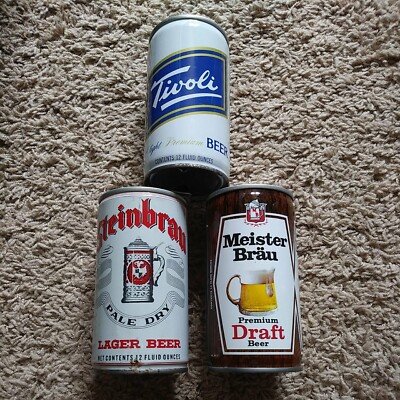3 DIFFERENT VINTAGE EMPTY Beer Cans CRIMPED STEEL TIVOLI STEINBRAU MEISTER BRAU