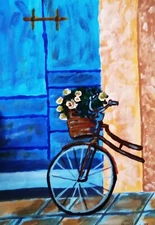 Original Painting Bicycle Original Artwork Cityscape Flower Basket Art