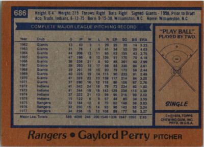 1978 Topps #686 Gaylord Perry Texas Rangers MLB HOF Baseball Card