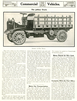 1912 Original Jeffery 1.5 Ton Truck Article. Large Photo. Lots Of Technical Info