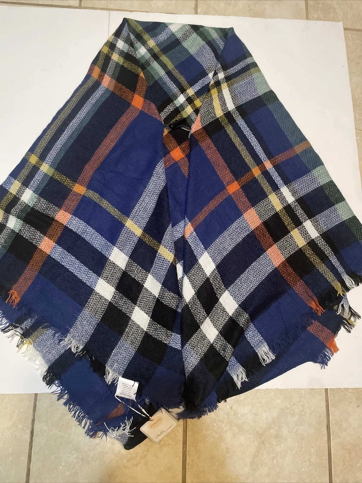 Fashion By Mirabeau Poncho Womens One Size Fits Most Plaid With Fringe Soft Blue