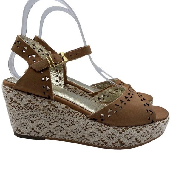 Sandalias Miss Albright Cuero Marrón Encaje Cuña Punta Abierta Hebilla Informales Talla 6.5 Foto 2 de 4