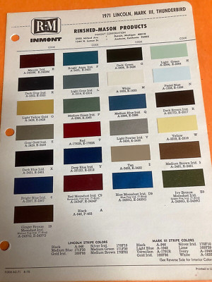 1971 LINCOLN AUTOMOTIVE R & M, Exterior Paint Color Chip Chart Sheet ORIG