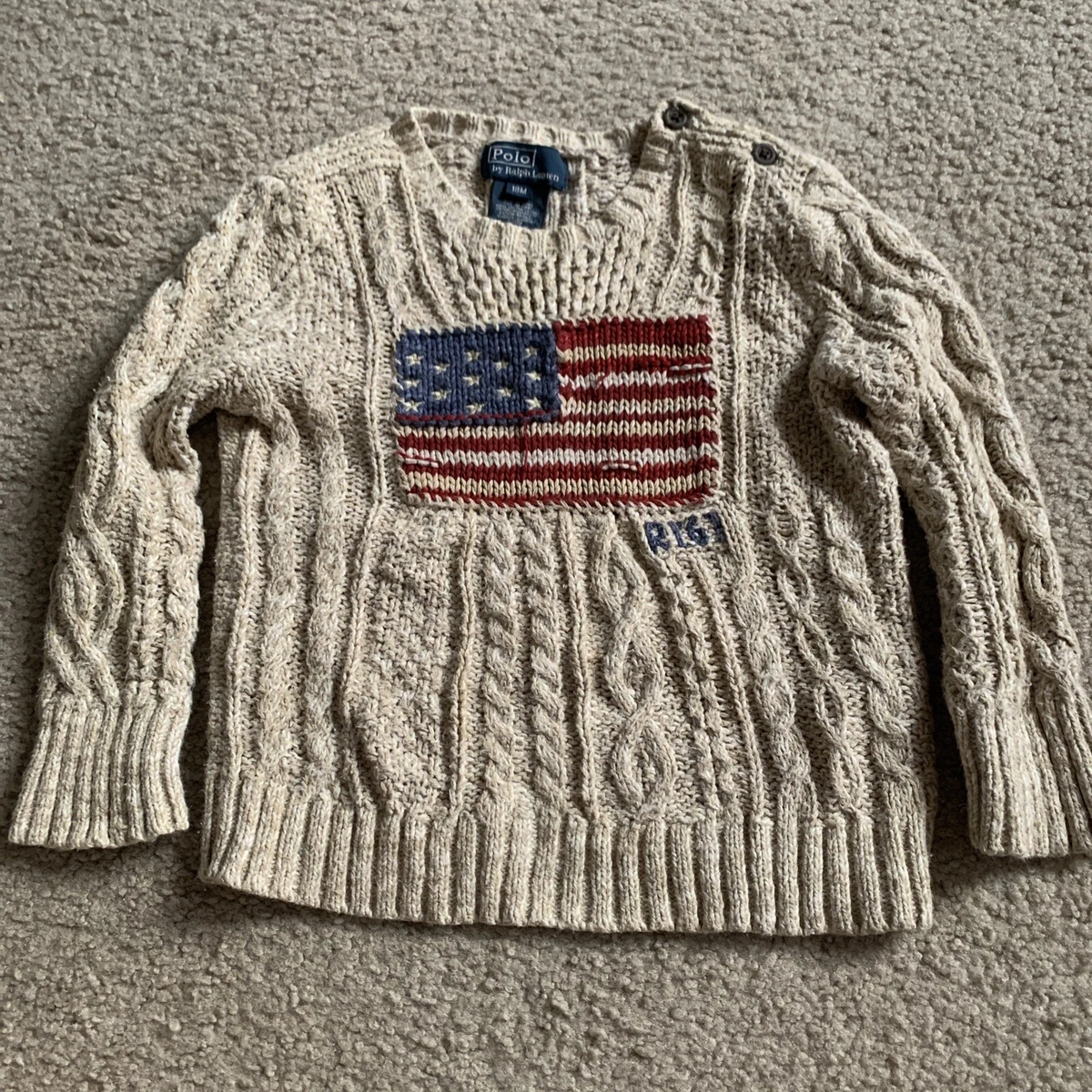 Polo Ralph Lauren RL USA Flag Vintage Knitted Sweater Size 18 Months Beige  Rare