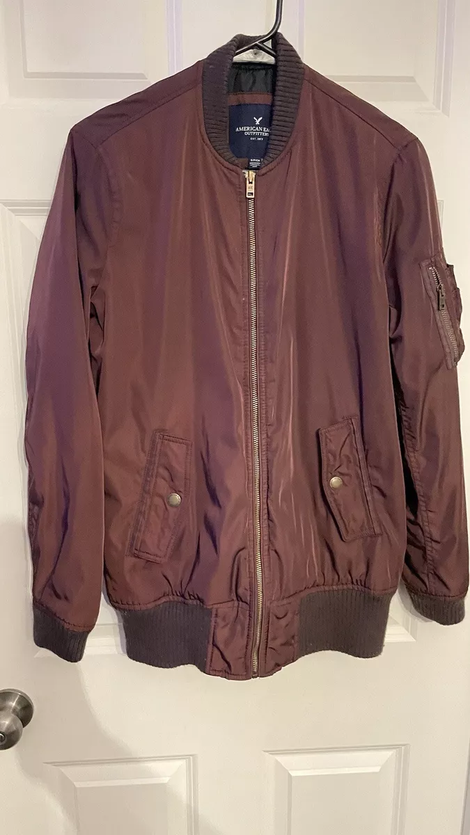 American Eagle Bomber Jacket Adult Small Red Brown Arm Pocket Zip