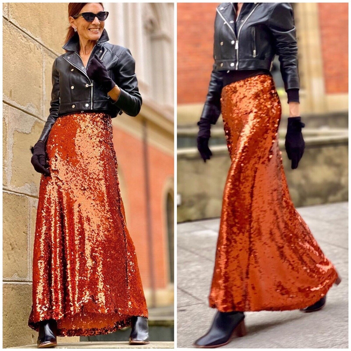 NWT ZARA Orange Sequin Midi Skirt Flared Hem Long Mermaid S