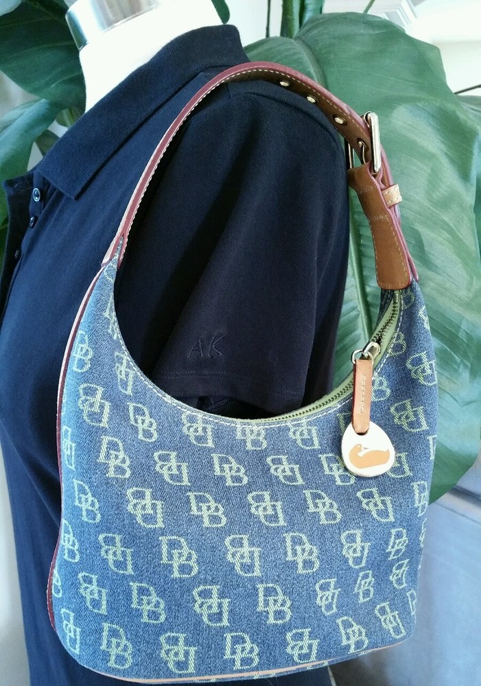 Dooney &Bourke Blue Denim Hobo Signature Green Brown Leather Strap Gold Hardware