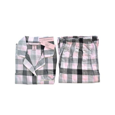 Victoria's Secret Pajama Set Women L Pink Gray Plaid Button Sleepwear