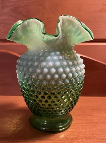 Fenton Hobnail Lime Green Opalescent 6” Ruffled Edge Vase