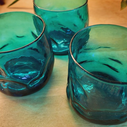 Set of 3 Peacock Blue Green Thumbprint Dimple Crinkle Highball Glasses Blenko ? - Picture 2 of 10