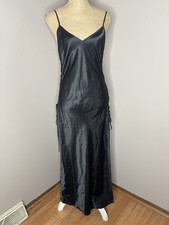 Vtg Victoria's Secret Black Satin Slip Maxi Dress Lace Side Adjustable Medium
