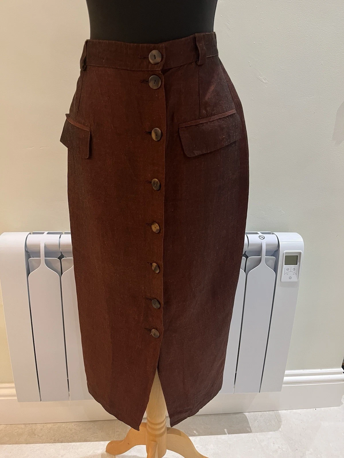 Pencil Skirt Figure Button Front Ankle Length Size 44 Brown Linen Blend Vintage