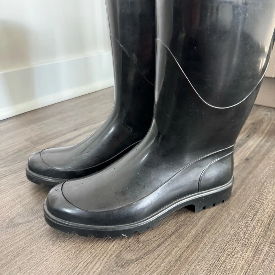 博柏利黑色橡胶银色镶嵌腰带细节及膝高雨靴 36 美国 6 — 第 3/4 张图片