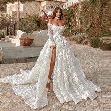 Sexy Princess Wedding Dresses Off Shoulder Lace A-line Long Sleeve Bridal Gowns