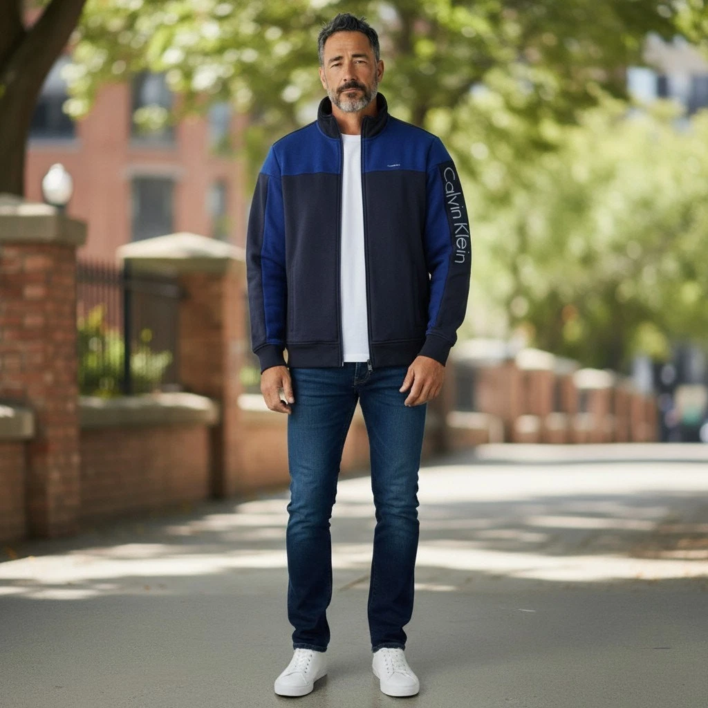 Calvin Klein Mens Blue Black Full Zip Fleece Jacket M