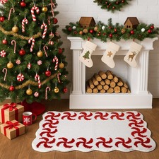 Scalloped Candy Christmas Bathroom Rug Flocking Bathroom Decor Non Slip Chris...