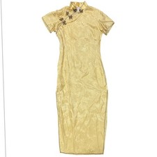 Vintage Gold Chinese Cheongsam Qipao Long Dress Embroidered Floral Size 36 US S