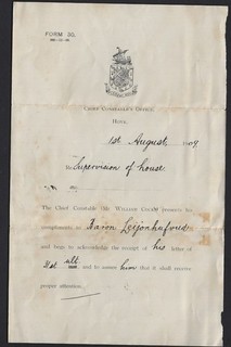 HOVE 1909 POLICE CHIEF CONSTABLE HEADED LETTER