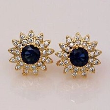 10K Yellow Gold 3Ct Lab-Created Blue Sapphire Diamond Flower Stud Earrings