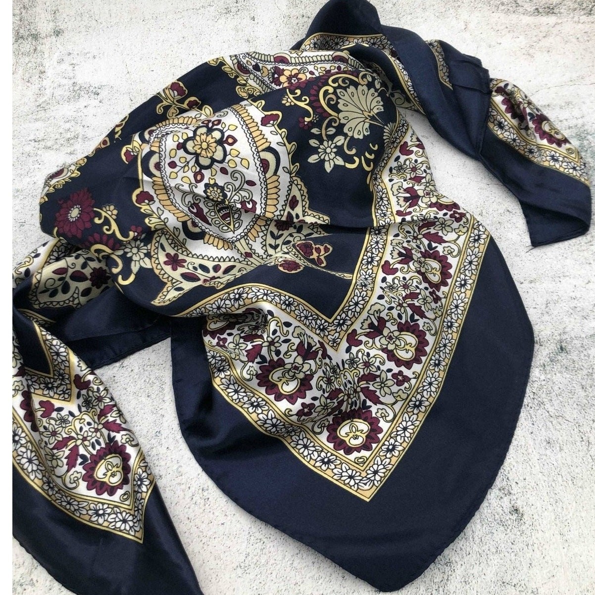 Navy Yellow Floral Paisley Western Southwestern Wild Rag Scarf Accent