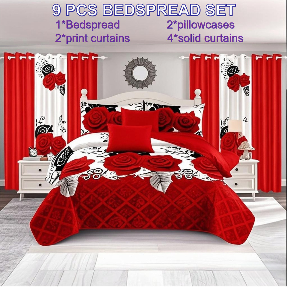9 pieces bedspread bedding set with mathing curtains Queen King Cal King Size
