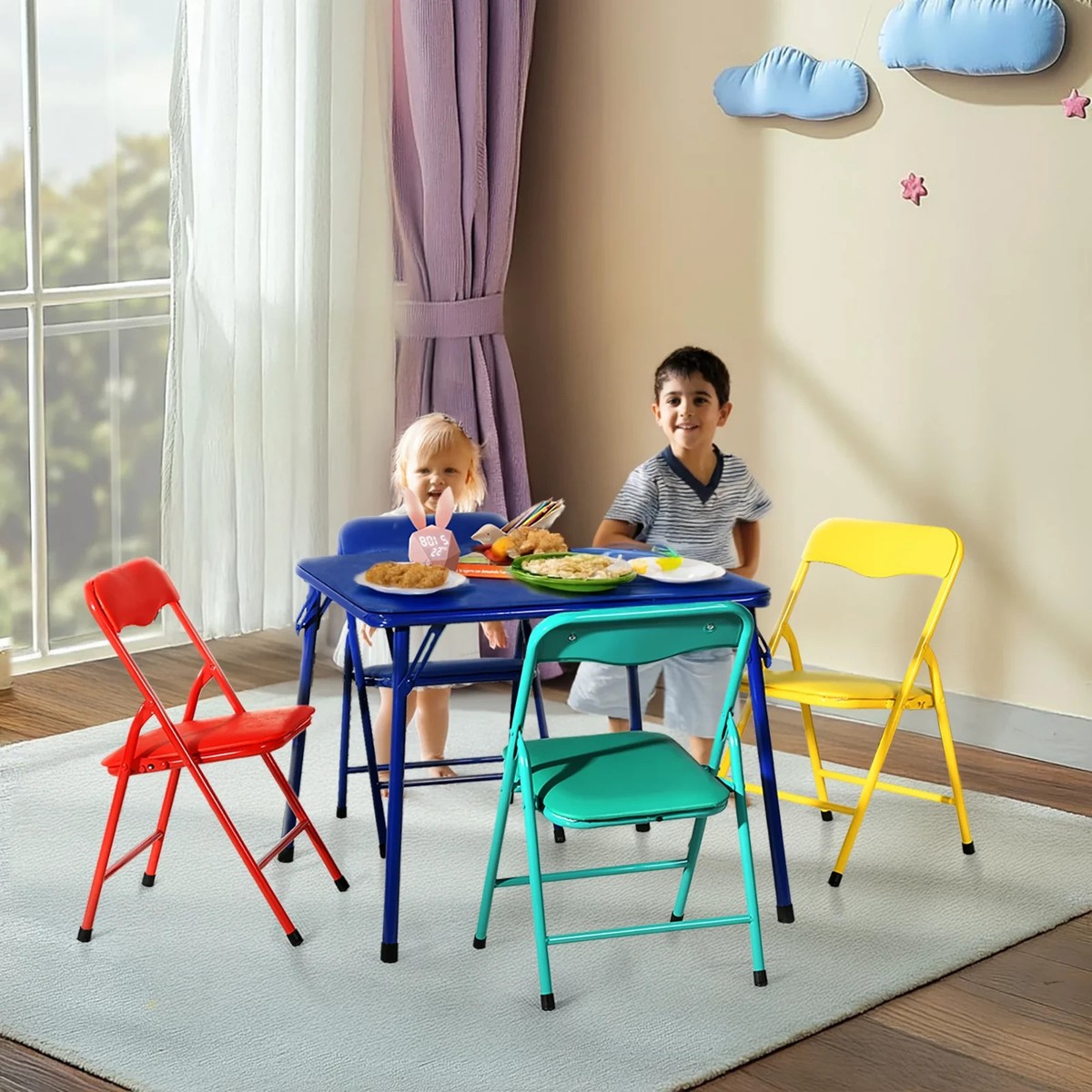Kids Table and 4 Chairs Set, Folding Activity Table for Preschool