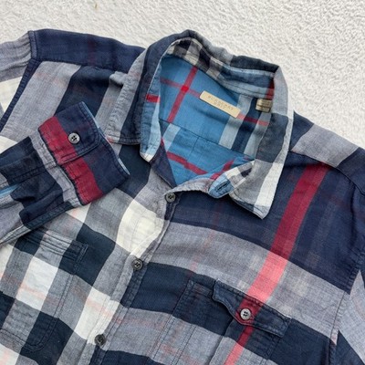 Burberry Brit Mens Large Navy Red Oversized Check Cotton Button Down Shirt L