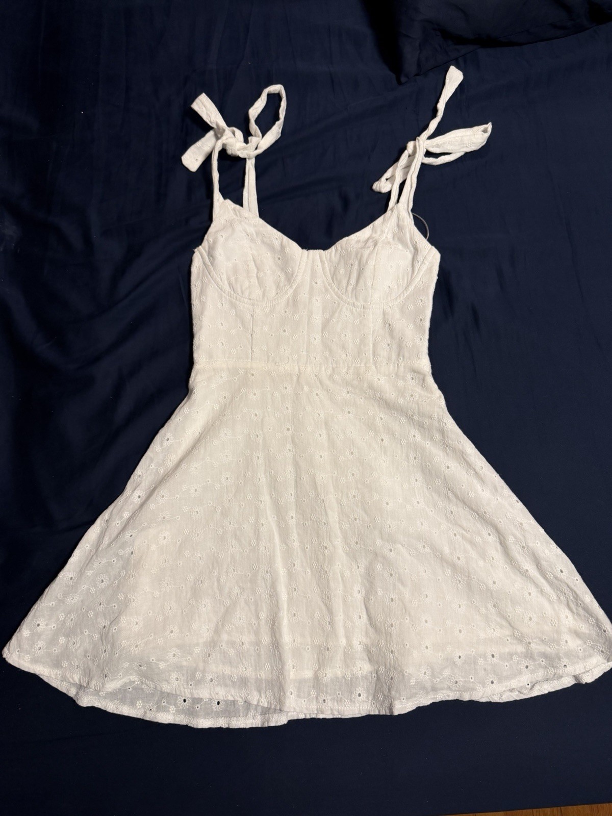 Hello Molly White Eyelet Smocked Tie Strap Sweetheart Mini Dress XS