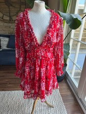 Shein Stunning Knee Length Red Floral Frilled Chiffon Kehole Back Dress Sz L New