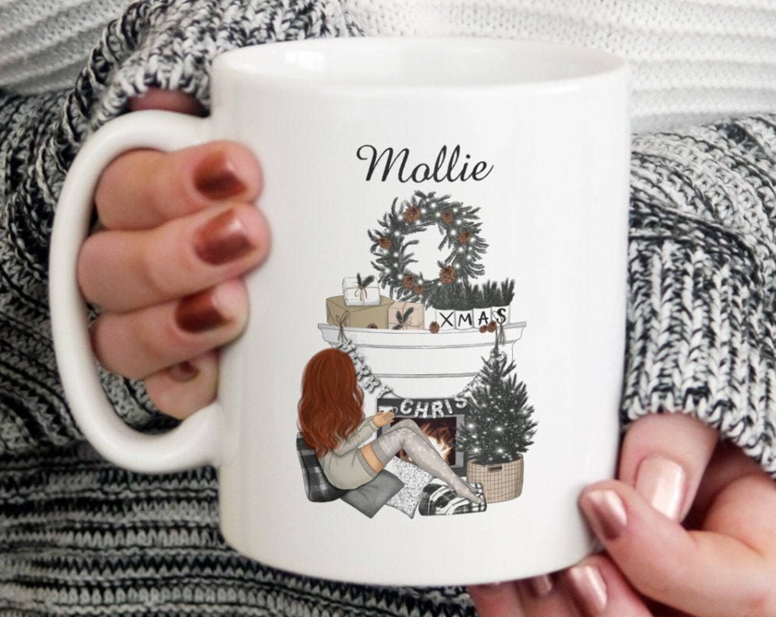 Personalised Girl's Christmas Scene Mug 4 Different Styles Red Hair Blonde Hair