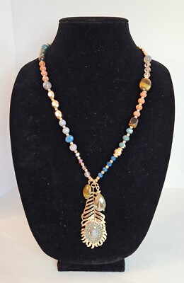 Vintage C1946 Necklace Stone Crystal Beads Gold Tone Feather Cabochon  Pendant