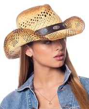 Cowboy Hat Straw Blue Turquoise Stones Vintage Leather Western Concert Unisex